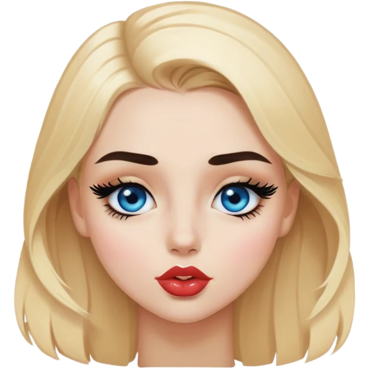 face of blonde girl with with light brown brows, black eyelashes and blue eyes, wearing black body send a kiss  emoji