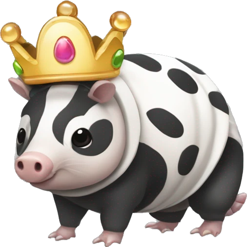 Black and white piebald chubby round armadillo pig panda centipede armadillo wearing a crown emoji
