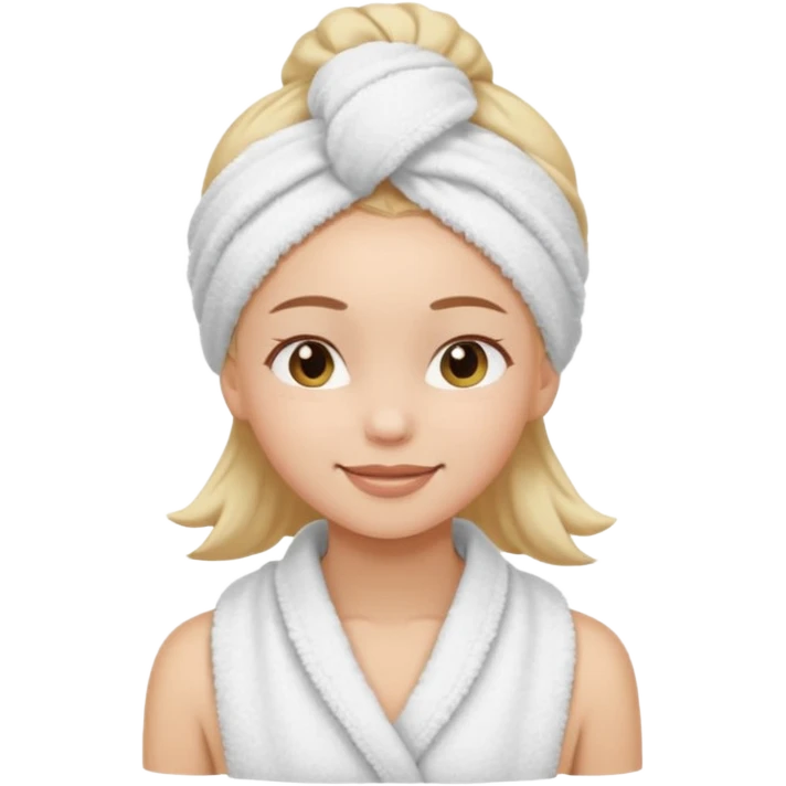 cute girl with her eyes closed and smiling, wearing a spa towel as her clothes in she has a spa towel on her hair emoji