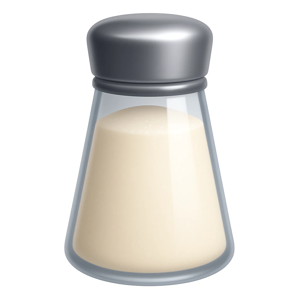 Create a salt emoji that looks exactly like the reference image in iOS emoji style. The emoji should be 3D with shiny, smooth gradients, soft shadows, and a realistic salt shaker shape with a metallic lid. No face on the shaker. Add a subtle highlight to the glass. emoji