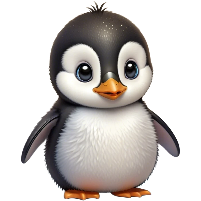 Cinematic Cute Baby Penguin Portrait Emoji, Head tilted playfully and inquisitively, with irresistibly fluffy plumage accented by a tiny beak and round, sparkling eyes filled with wonder, Simplified yet irresistibly adorable features, highly detailed, glowing with a warm, friendly polar glow, high shine, affectionate and lively, stylized with a touch of whimsical charm, bright and endearing, soft glowing outline, capturing the essence of a mischievous yet loving penguin that feels like it could slide out of the screen into your arms! emoji