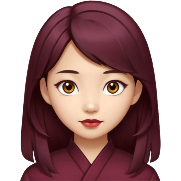 asian girl, long dark burgundy brown hair, hazel brown eyes, half lidded eyes, wolfcut hairstyle emoji