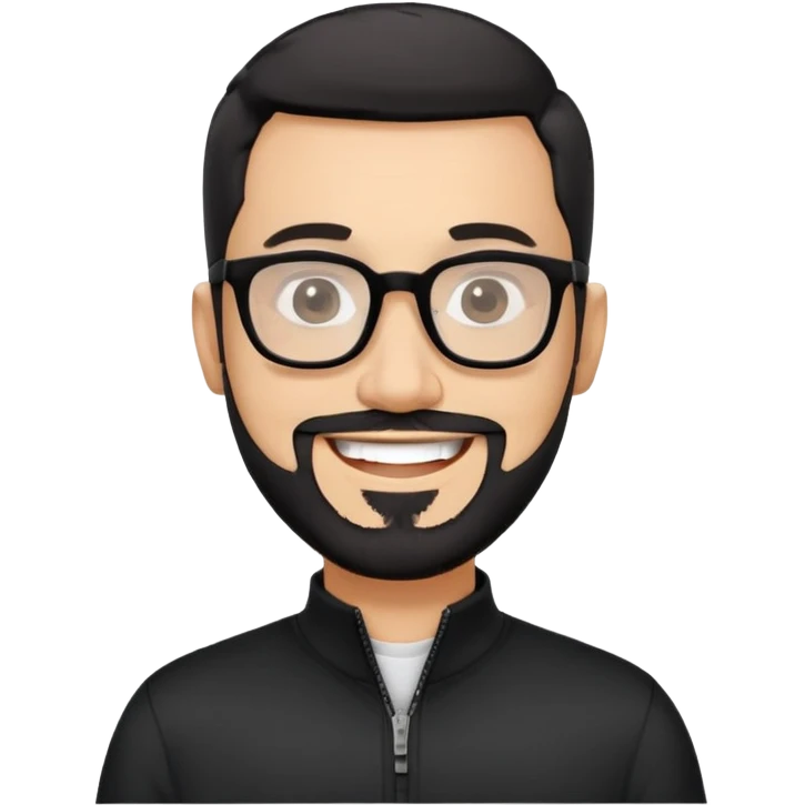 Light-skinned man with extremely short black hair, short clearly graying beard, big black glasses frames, happy smile, black long sleeve shirt with prominent zip at neck emoji