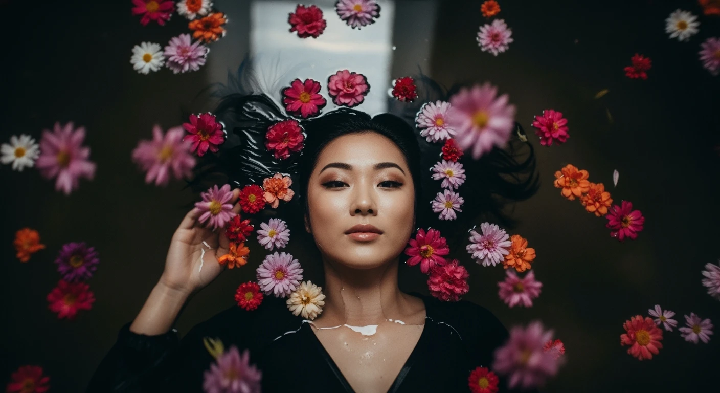 Camera drom top, Motion blur Extreme Closeup photo of a beautifull woman lay around beautifull colorfull flowers in water, cinematic light, 8K, very detailed, sharp, depth (foreground, midground, background) Spotlight, dark environemnt emoji