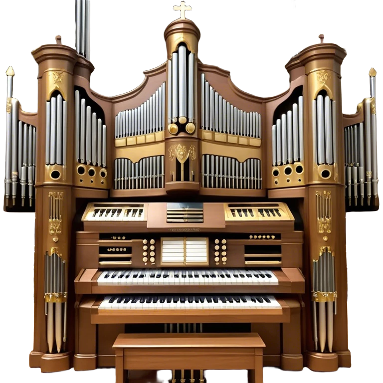 Create an elegant and majestic emoji representing a classical church organ. The emoji should feature the grand pipes of the organ in the background, with visible details of the keys and pedalboard in the foreground. The pipes should be tall and impressive, with a mixture of gold, silver, and metallic shades to emphasize the grandeur of the instrument. The keyboard and pedals should be well-defined, capturing the intricate craftsmanship of the organ. Use dark wood tones and gold accents for the body of the instrument to give it a rich, historic feel. Add subtle musical notes around the organ to evoke its deep, resonant sound. The background should be transparent. emoji