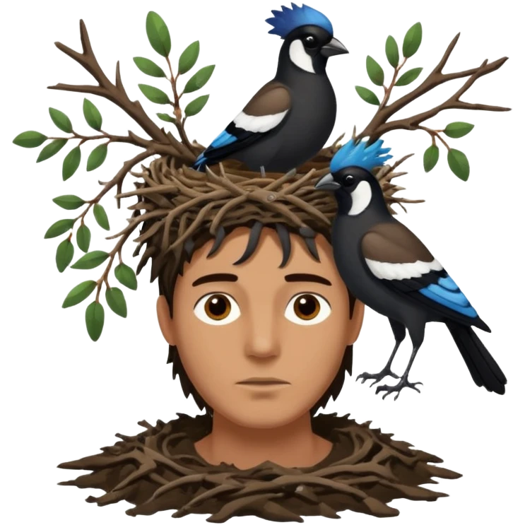 A man who has a magpie birds nest on top of his head for hair emoji