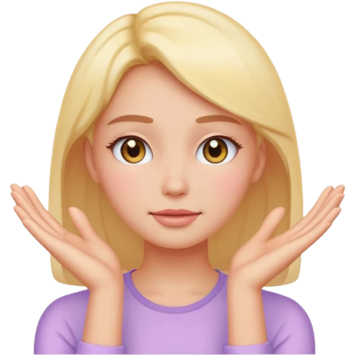 Emoji of glowing female face with hands on cheeks, skincare, pastel, flat, minimal emoji