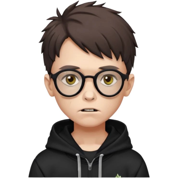 young boy zombie with hazel eyes, black glasses, brown wolfcut hairstyle, black adidas hoodie emoji