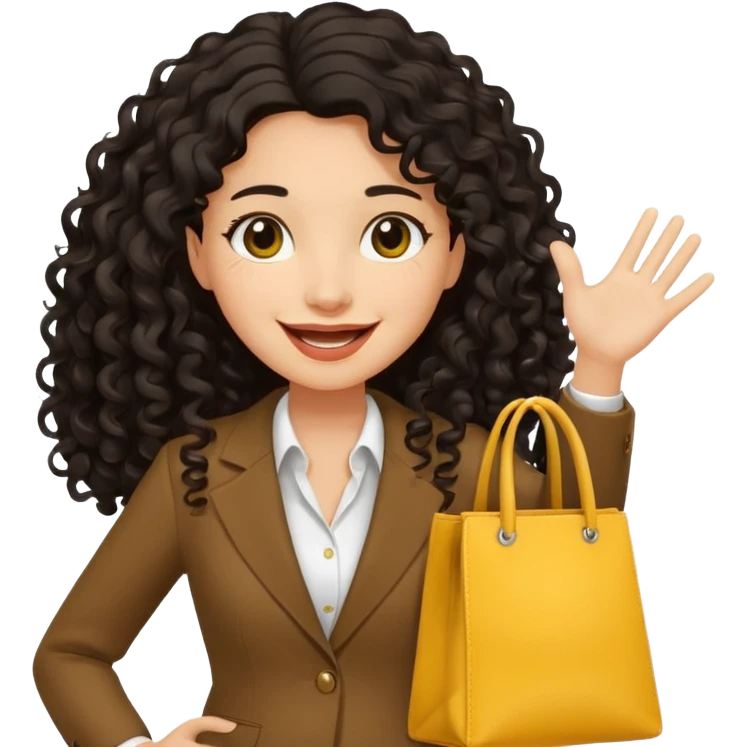 medium deep tan brown business woman with long black curly hair, waving hand with happy face with smile mouth and carrying bag on her shoulder and the other hand holding yellow tumblr emoji