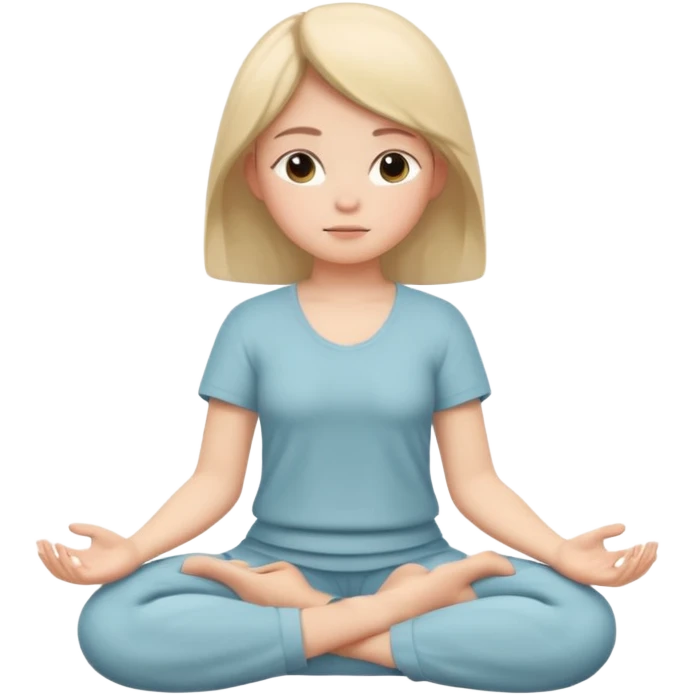 memoji of a girl meditating, peaceful expression, sitting cross-legged, hands resting on knees, serene background emoji