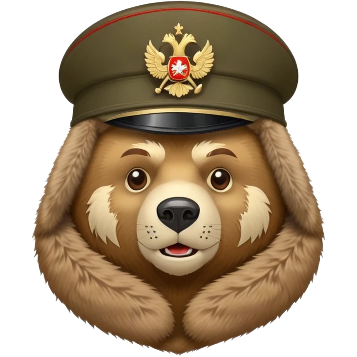 Cartoon Russian bear head wearing military style ushanka hat with Russian emblem, iOS emoji style emoji