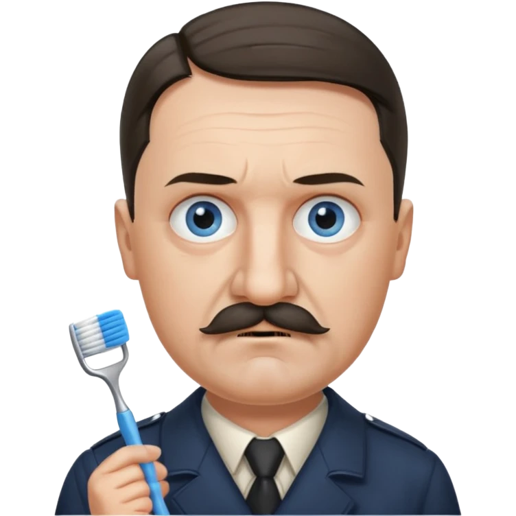Adolf Hitler had an oval face with fair skin. His eyes were blue and his eyebrows were dark and somewhat bushy. Above his upper lip he wore a small, brush-like mustache, known as a "toothbrush moustache". His emoji