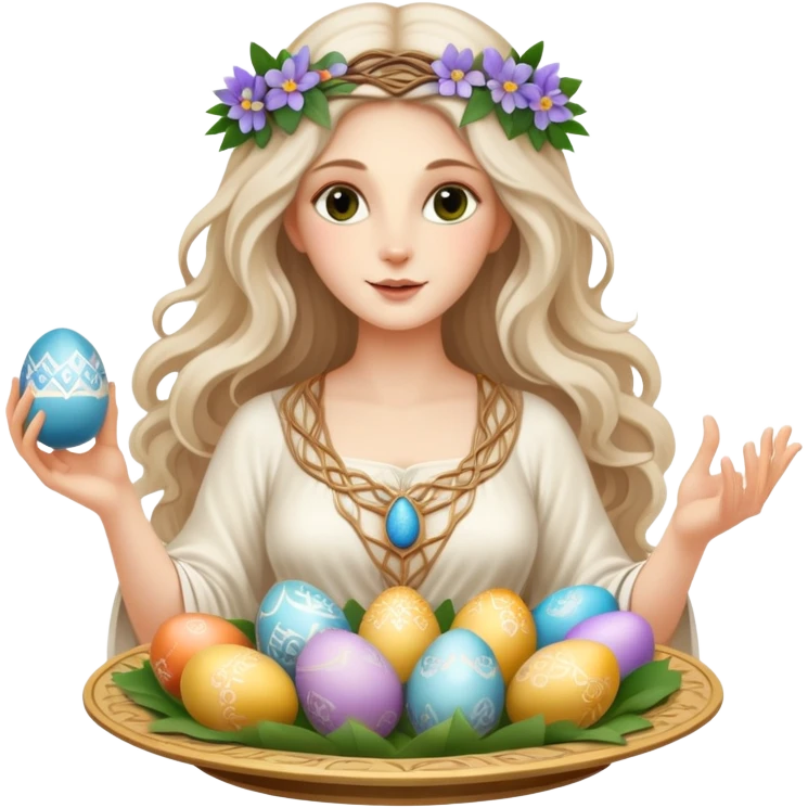 A beautiful goddess Eostre with flowing hair and spring flowers, holding Easter eggs and a Passover seder plate emoji