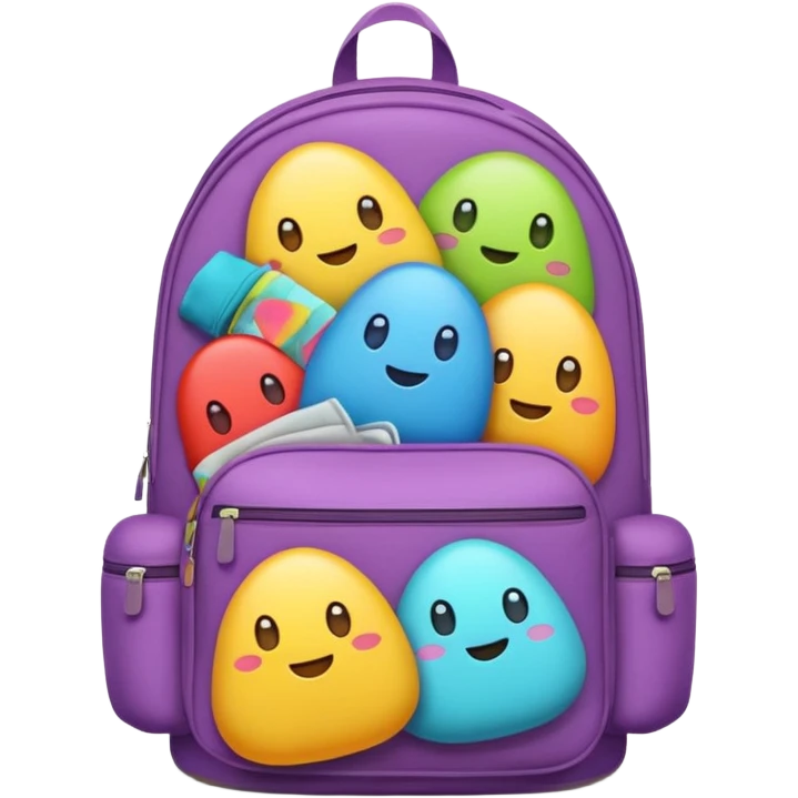 Emoji-style backpack overflowing with clothes, rounded cute shapes, soft shadows, colorful emoji