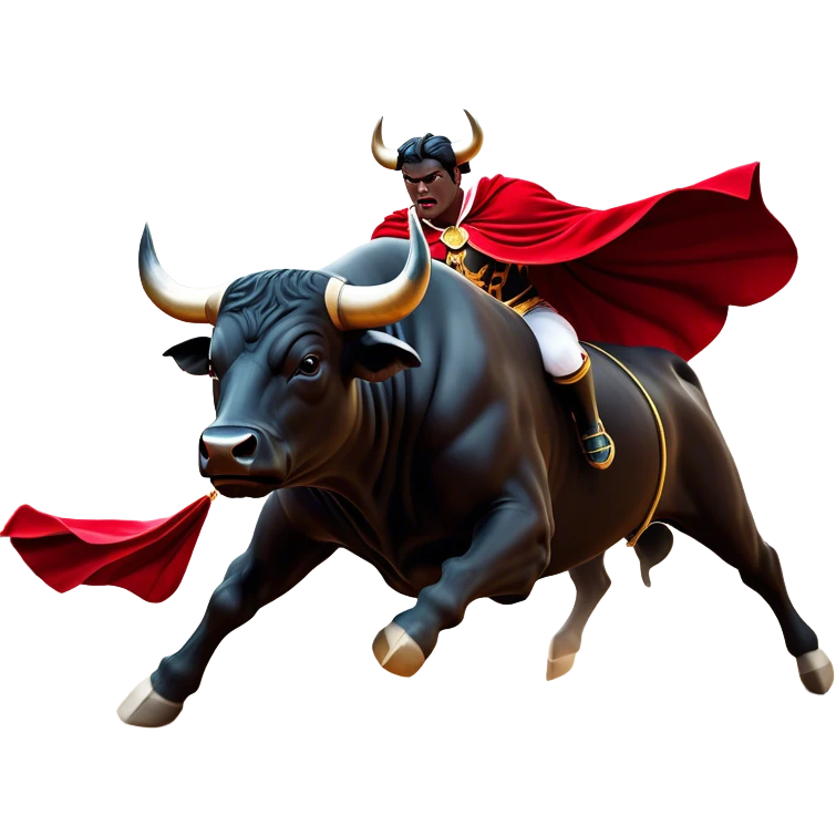 ​Cinematic Realistic black charging bull, against a matador depicted in a flowing red cape, captured in the dramatic moment of confronting a charging bull in a traditional bullring, rendered with dynamic motion and dramatic lighting that encapsulates the intensity and artistry of the spectacle, emoji