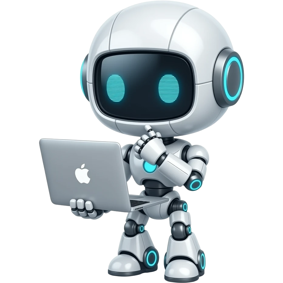 cute robot  use mac book -- acting link it look for sth and thikn emoji