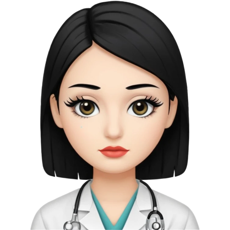 Medical student, black hair, black eyes, false eyelashes, makeup, eyeliner,  emoji