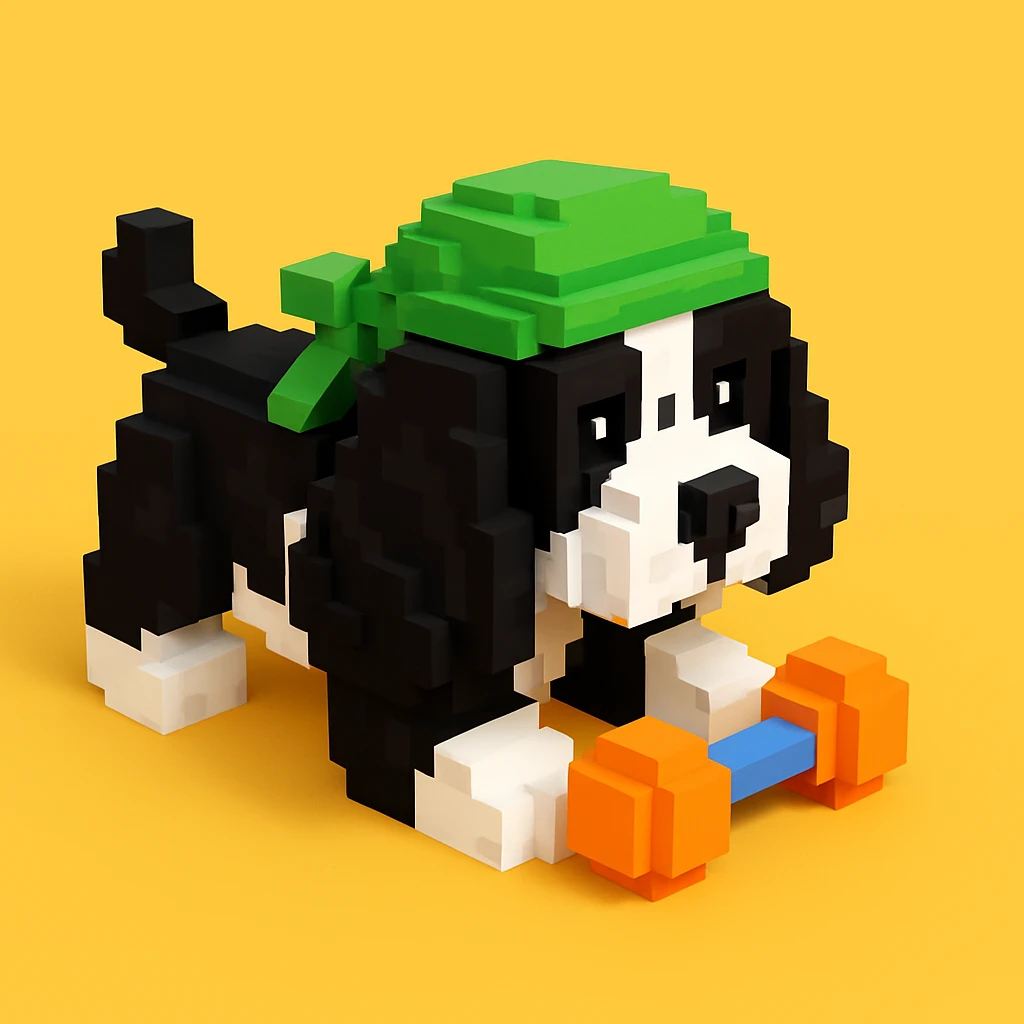 A black and white Russian Cocker Spaniel puppy wearing a green durag, voxel style, playing with a toy emoji