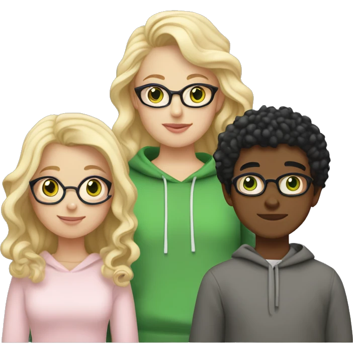 Curvy girl with long blonde hair and green eyes wearing a light pink sweater and white skirt holding hands with a brown boy with short curly black hair and glasses wearing a grey hoodie emoji