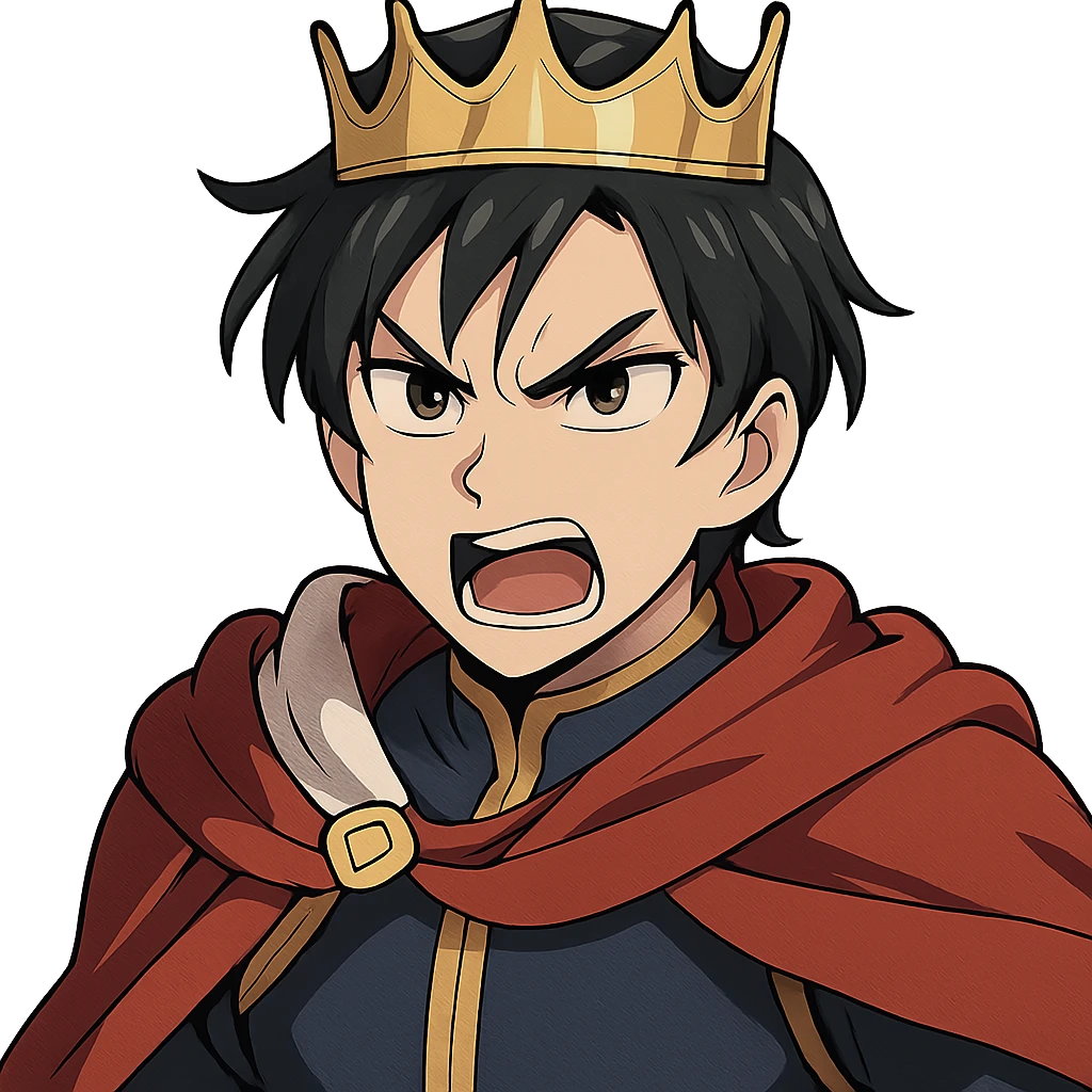 angry prince with golden crown, light skin, dark brown eyes, black hair, anime style emoji