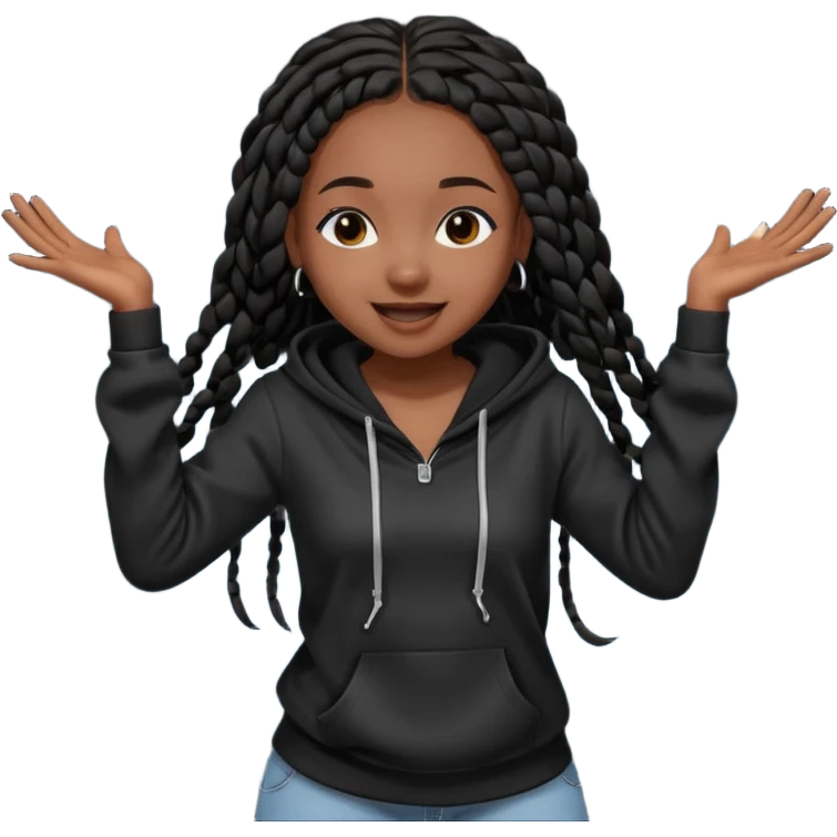 African American girl dark skin complextion long black box braids wearing plain black hoodie dancing emoji