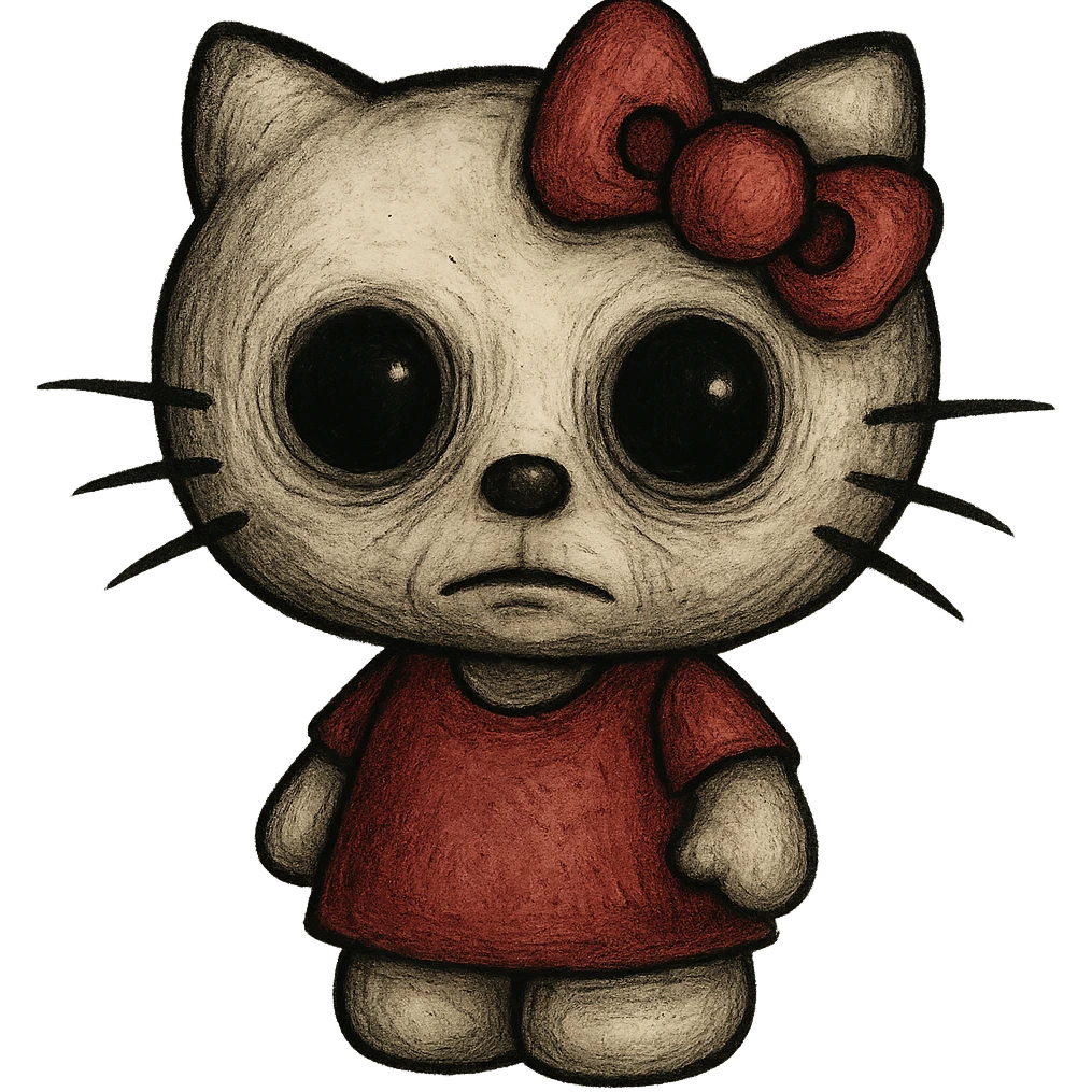 uncanny Hello Kitty with exaggerated features, slightly creepy but still recognizable emoji