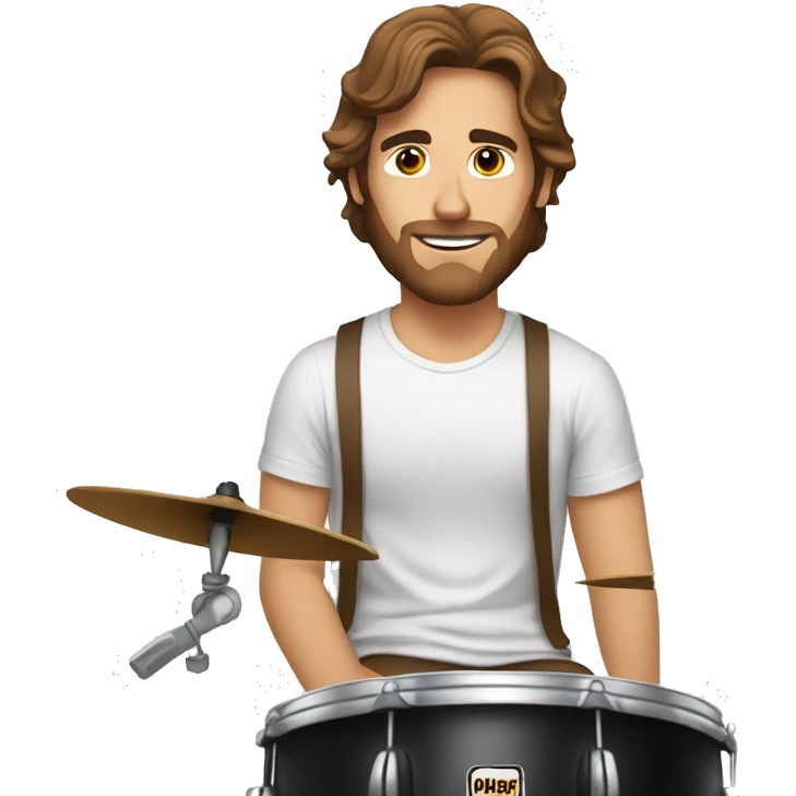 a longer brown haired man with a light beard sitting behind a drumset in a white t shirt and brown pants emoji
