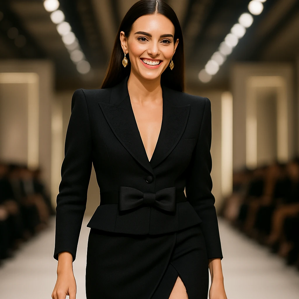 Make the woman smile while keeping her high-fashion look. Maintain thin eyebrows, straight dark hair, big lips, and a shapely figure. Preserve the overall elegance and style of the image. emoji