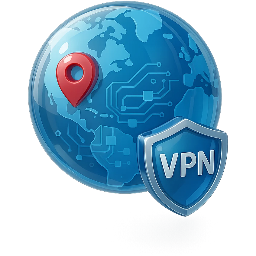 VPN globe icon with a shield, 3D style, glossy, location pin on the USA, blue and silver emoji