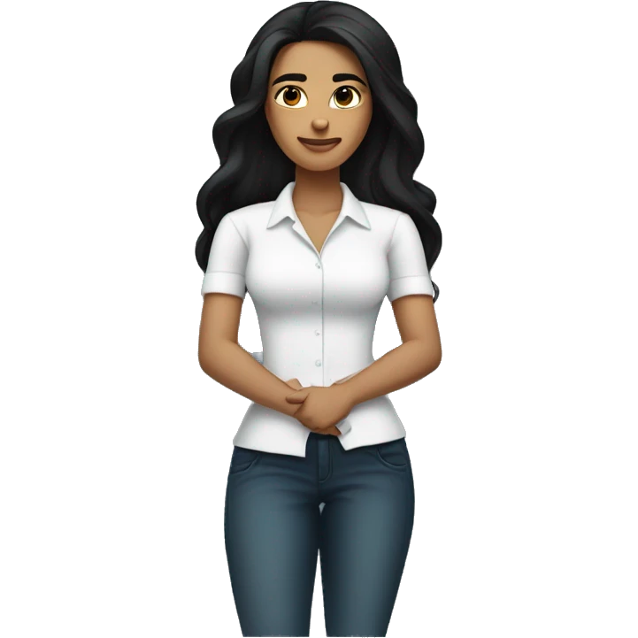 A woman with a confident expression, arms crossed, long black hair, wearing a bright white shirt, light skin tone
 emoji