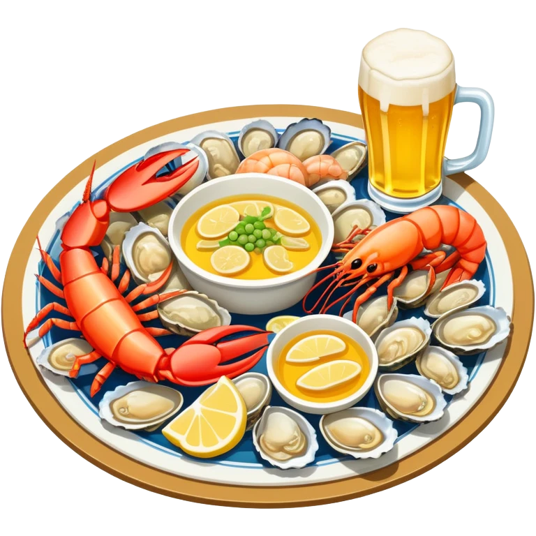 Qingdao seafood with beer, simplified emoji style with bold outlines and bright colors, cartoon style Chinese seafood platter with yellow beer emoji