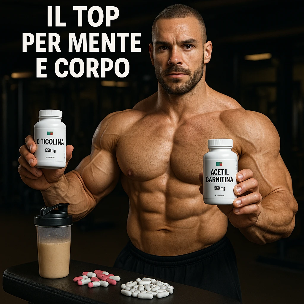 hyper realistic bodybuilder showing citicoline and acetylcarnitine bottles next to supplements, defined muscles, text 'Il top per mente e corpo', gym environment, motivational atmosphere emoji