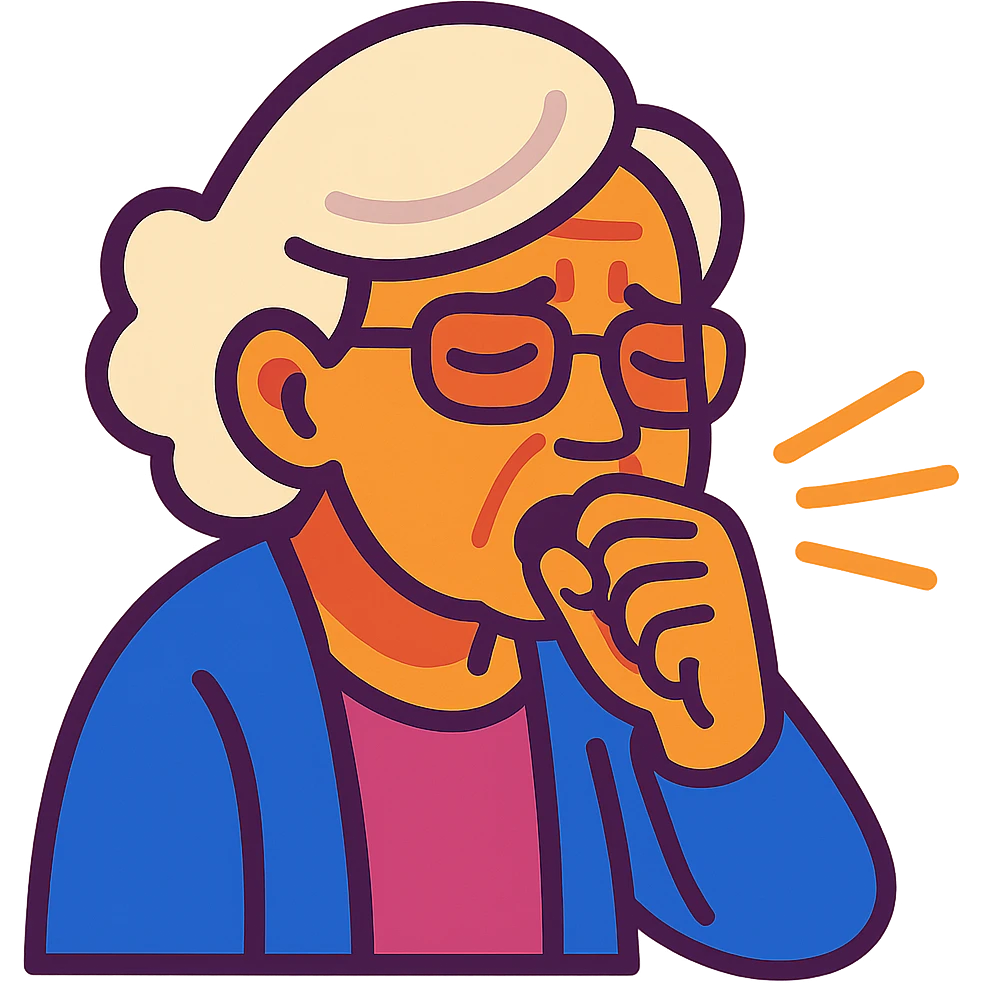 Older woman, tired eyes, hand over mouth coughing, vibrant toon style emoji