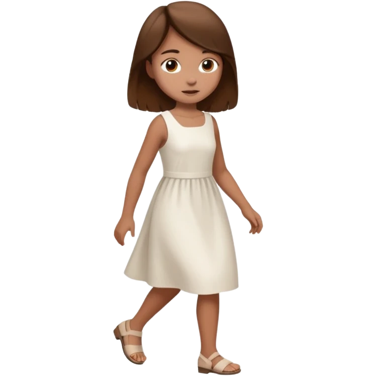 girl walking wearing a white dress, the hair color is brown, still walking emoji