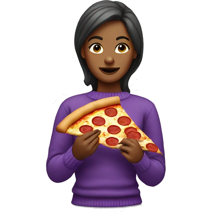 Woman eating a slice of pizza wearing a purple sweater emoji