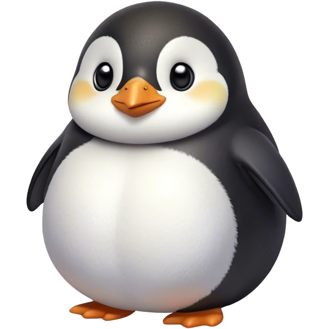 Cinematic chubby penguin, round fluffy body, tiny beak and feet, soft glowing feathers, gentle happy eyes, slightly tilted head, warm and irresistibly cute. emoji