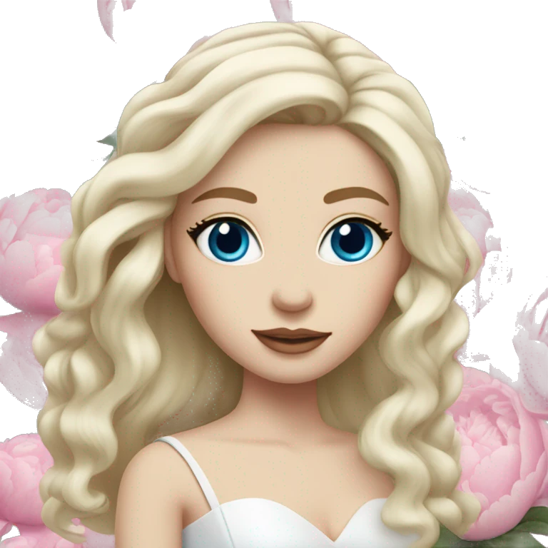 White bride with long light blonde hair and blue eyes with light pink peonies in hair white skin  emoji