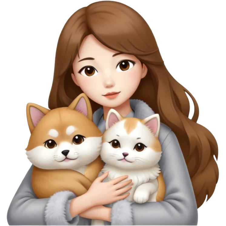A Chinese fashion girl with brown hair, wearing a light gray fur coat, hugging a Shiba Inu and a long-haired white Persian cat. emoji