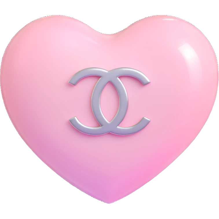 Remove the diamond accent, keep only the glossy white heart with a soft pink glow and silver Chanel logo, elegant, white and silver color scheme, 3D emoji style, keep the background transparent except for the glow. emoji