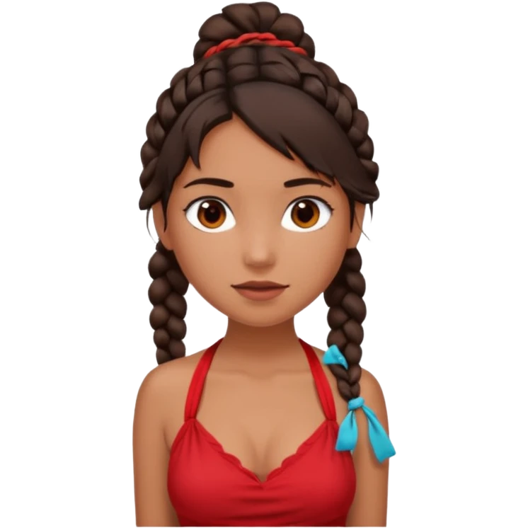 A tanned girl's face Over-the-shoulder messy braid dark brown hair with red halter top emoji