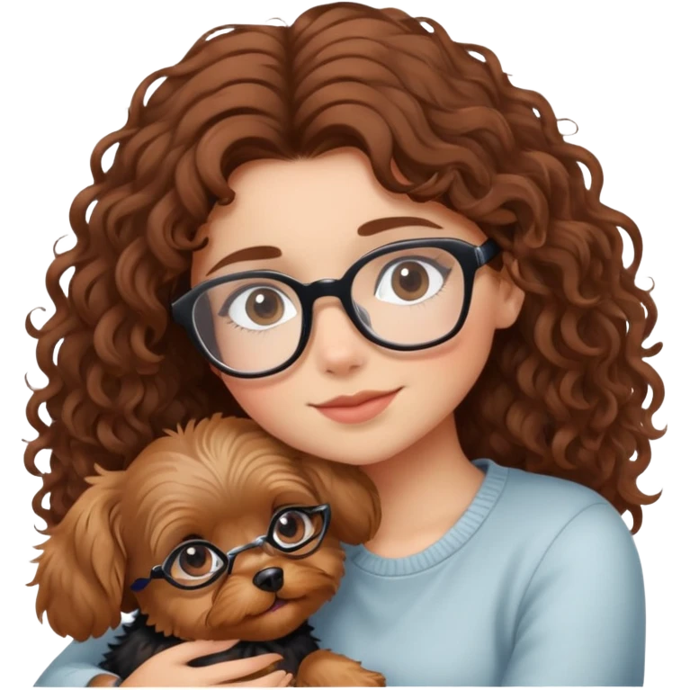 Girl with brown curly hair wearing glasses cuddling with a cute yorkie emoji