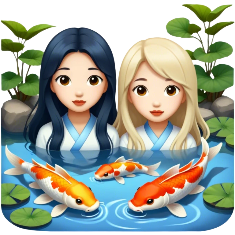 two asian girls long hair koi pond emoji