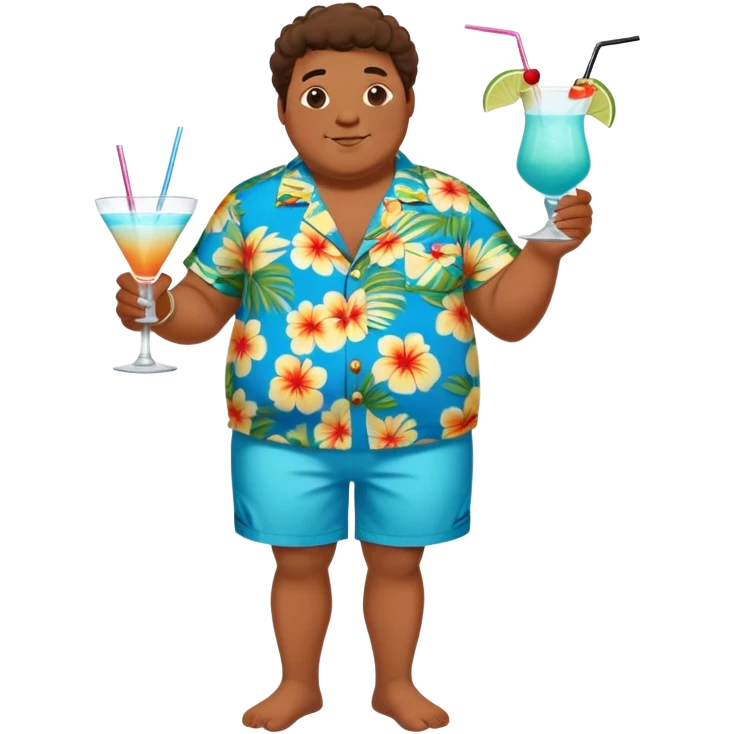 chubby guy full figure in a flowered azure havai shirt, brown shorts and flippers holding a cocktail emoji