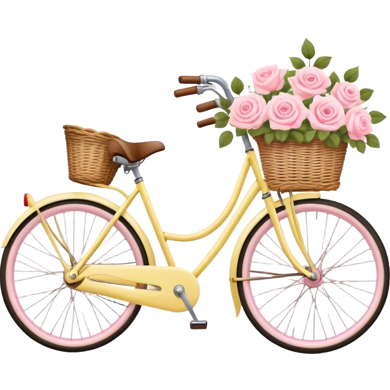 A pastel yellow vintage bike carrying a basket with pastel pink roses emoji