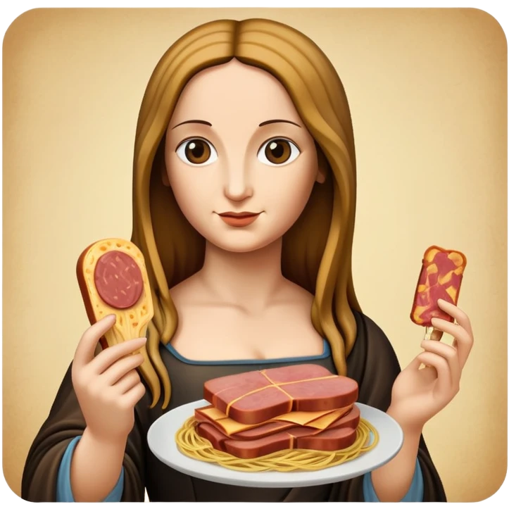 monalisa with flowing spaghetti hair holding spam meat emoji