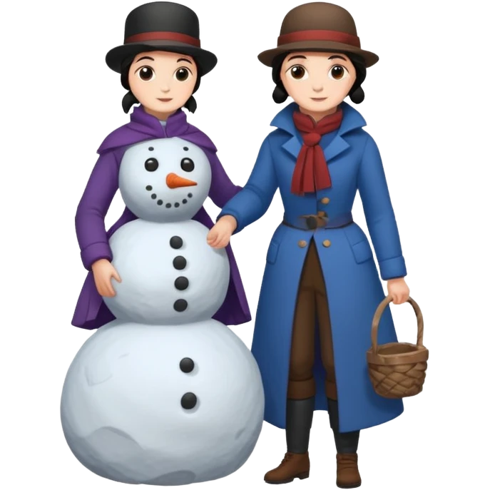  young Virginia Poe and  eldely Maria Clemm  full body building a snowman  1800's emoji
