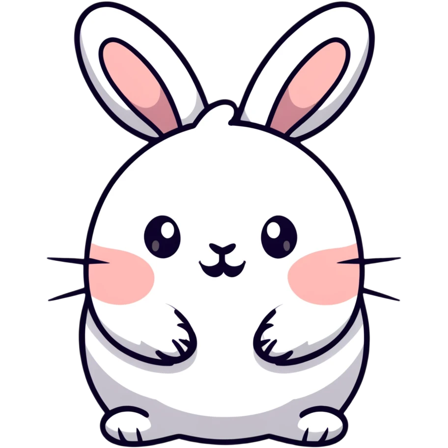 A chubby bunny in perfect Sanrio style like Hello Kitty, ultra simplified design, huge round head, tiny eyes and mouth, no nose, pastel colors, soft round shapes, tiny spikes, adorable expression, clean bold black outline, kawaii emoji