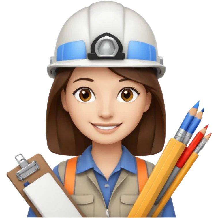 Arquitecta ojos marrones oscuros pestañas pelo marron por los hombros sonrie casco blanco material de dibujo emoji