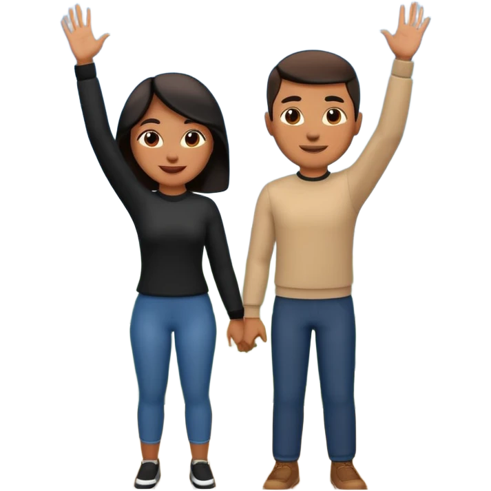 A 3D cartoon couple on top of a hill raising hands in victory, sunny sky and nature background, Memoji-style. inside photo frame. emoji