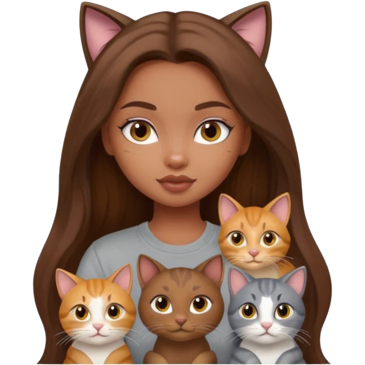 a pretty bratz dusky girl with long brown hair with four cats nd wearing a grey tshirt emoji